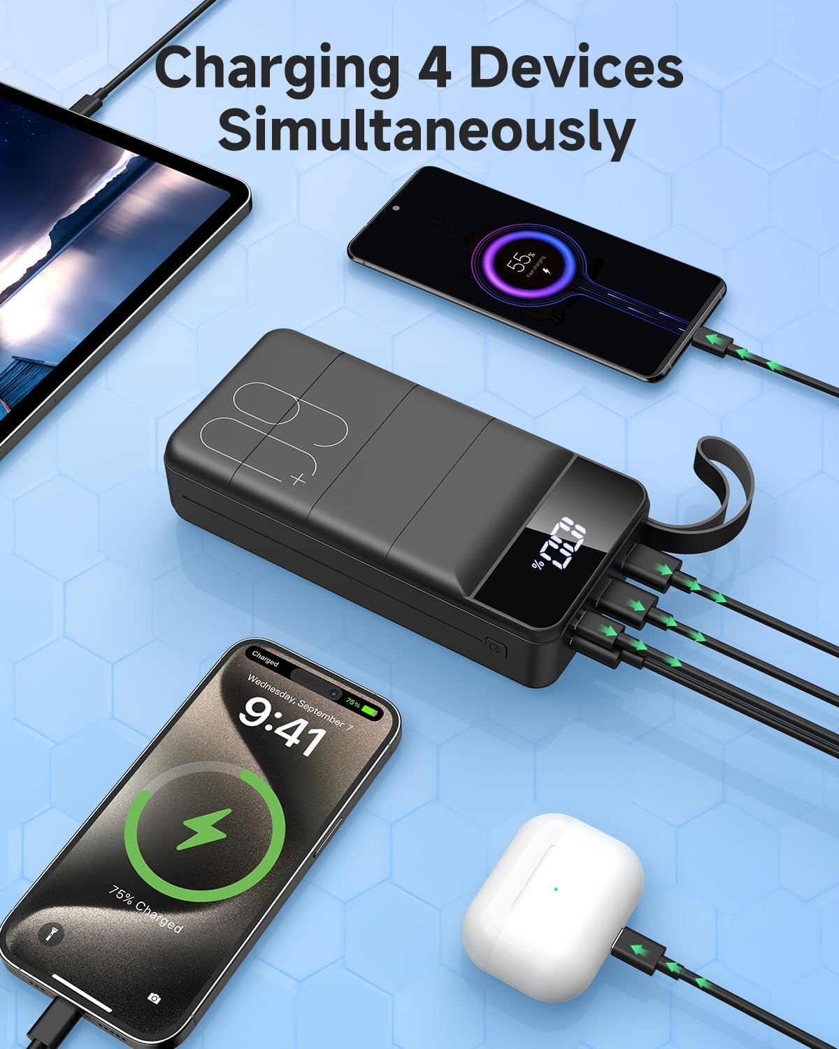 Power Bank 60000Mah, 22.5W USB-C Fast Charging Portable Charger | Built-In Flashlight, 4 Outputs 2 Inputs, LED Display, Travel Essentia, High Capacity, Compatible with Iphone & Android Black