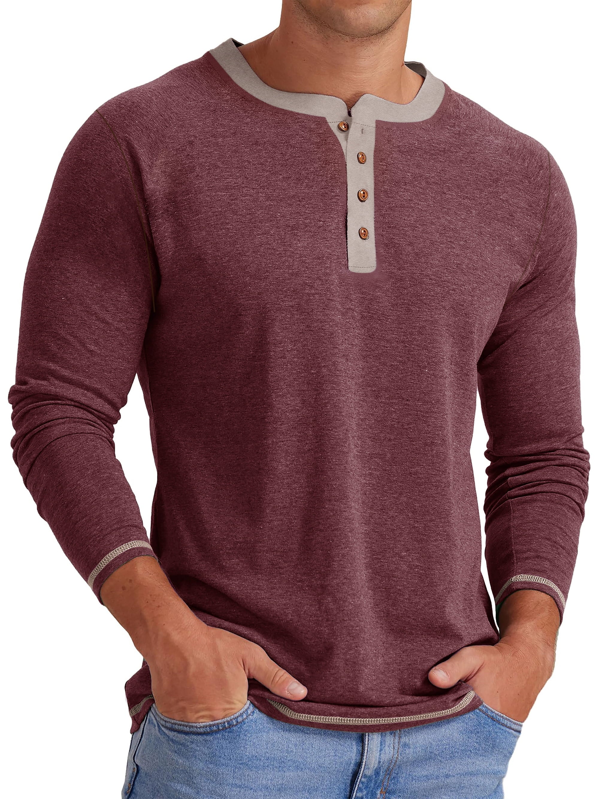 Men's Long Sleeve Henley Shirt, Casual Crew Neck Color Block Top, Soft Lightweight Pullover Shirt for Everyday Wear, Fall & Winter