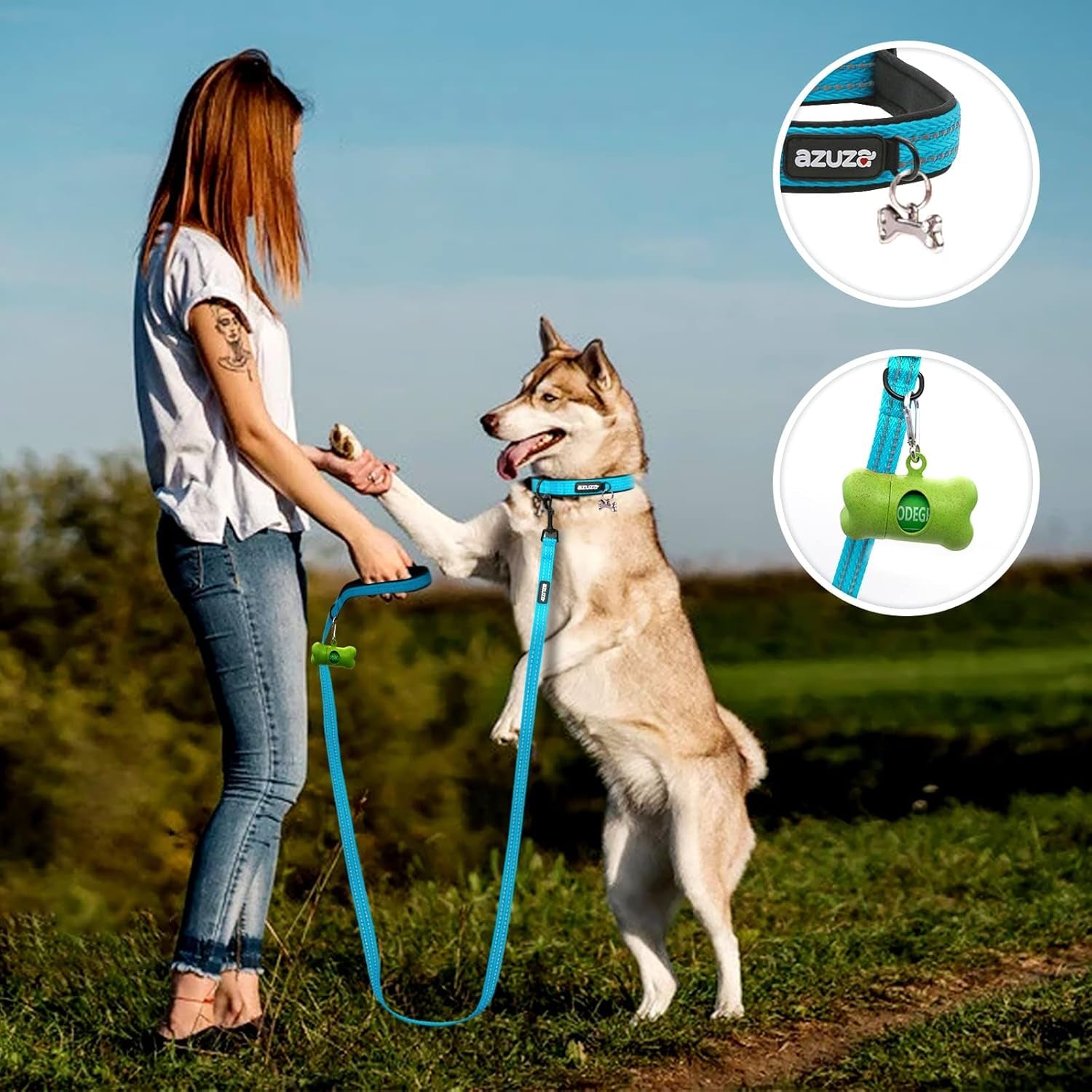Premium Dog Leash & Collar Set – Soft Padded, Reflective with Built-In AirTag Holder for Medium Dogs, Blue