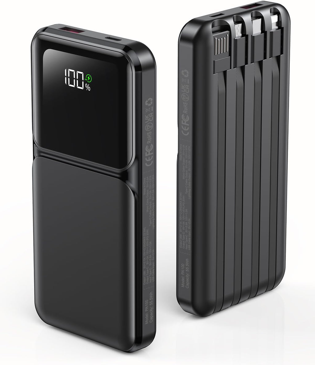Power Bank 15000Mah USB C 22.5W Fast Charging Portable Charger | Built-In 4 Cables, QC 3.0 USB-C In/Out, LED Digital Display, Charge 5 Devices at Once, for Smartphones Tablets Outdoor Use