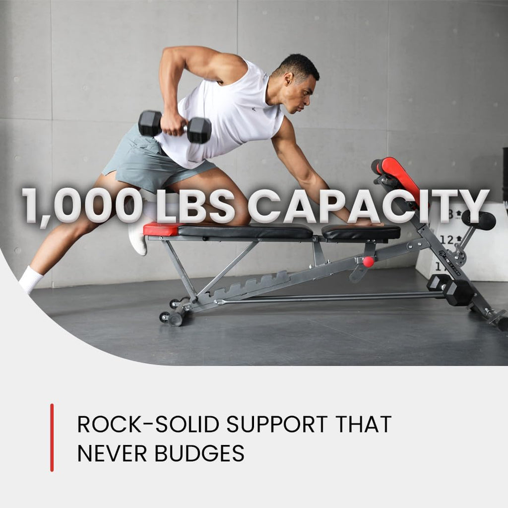 Finer Form Adjustable FID Weight Bench & Roman Chair, 1,000 lb Capacity, 23 Position Flat/Incline/Decline Workout Bench for Full Body Strength Training, Home Gym with Transport Wheels