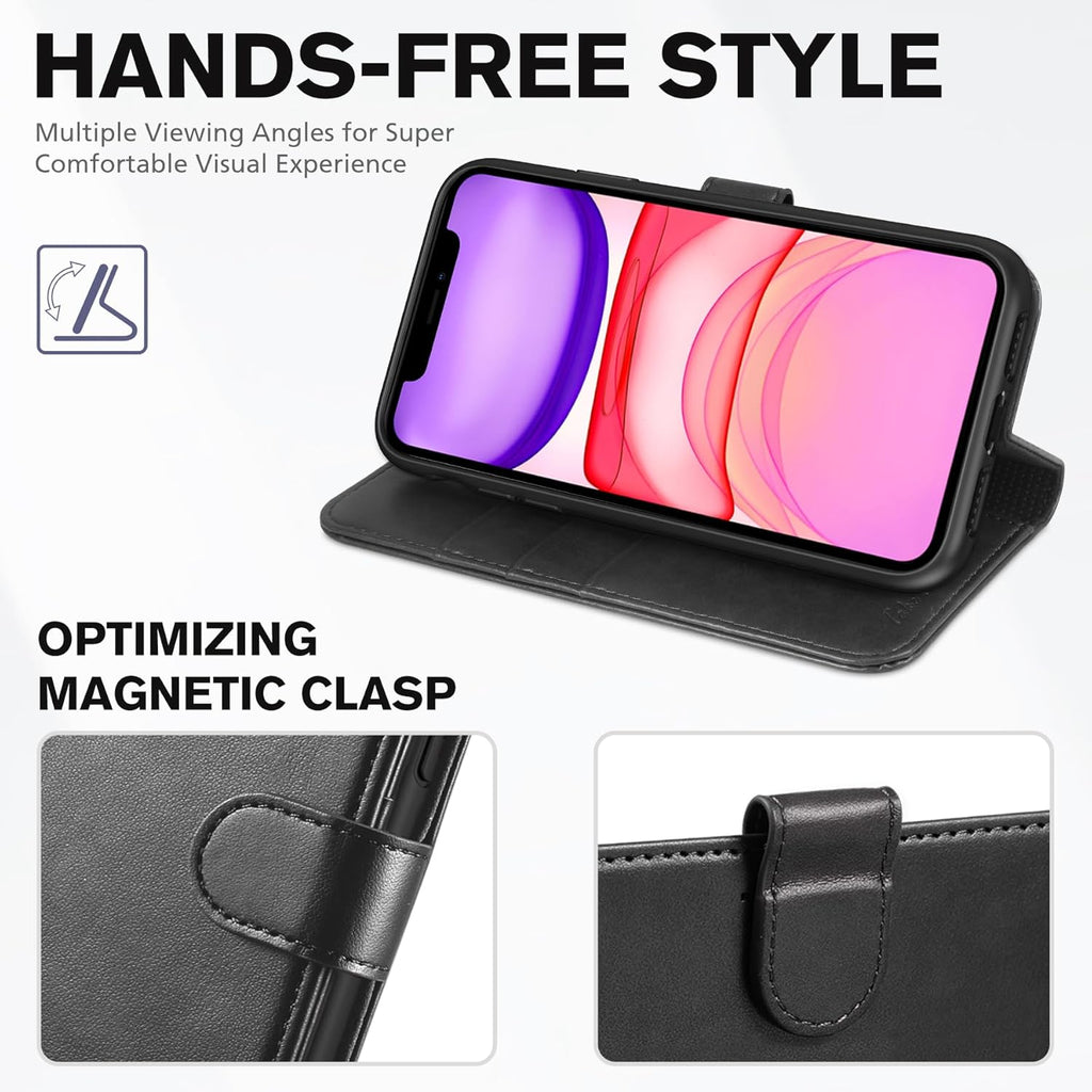 Wallet Case for Iphone 11 (6.1") 2019, 3 Card Holders, Black | RFID Blocking, Viewing Stand, Shockproof TPU Shell, PU Leather, Magnetic Closure, Protective Folio Flip Cover
