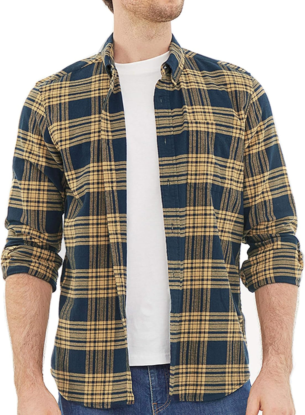 Men's 100% Cotton Flannel Shirt – Soft Plaid Button-Down Long Sleeve Casual Work Shirt with Chest Pocket