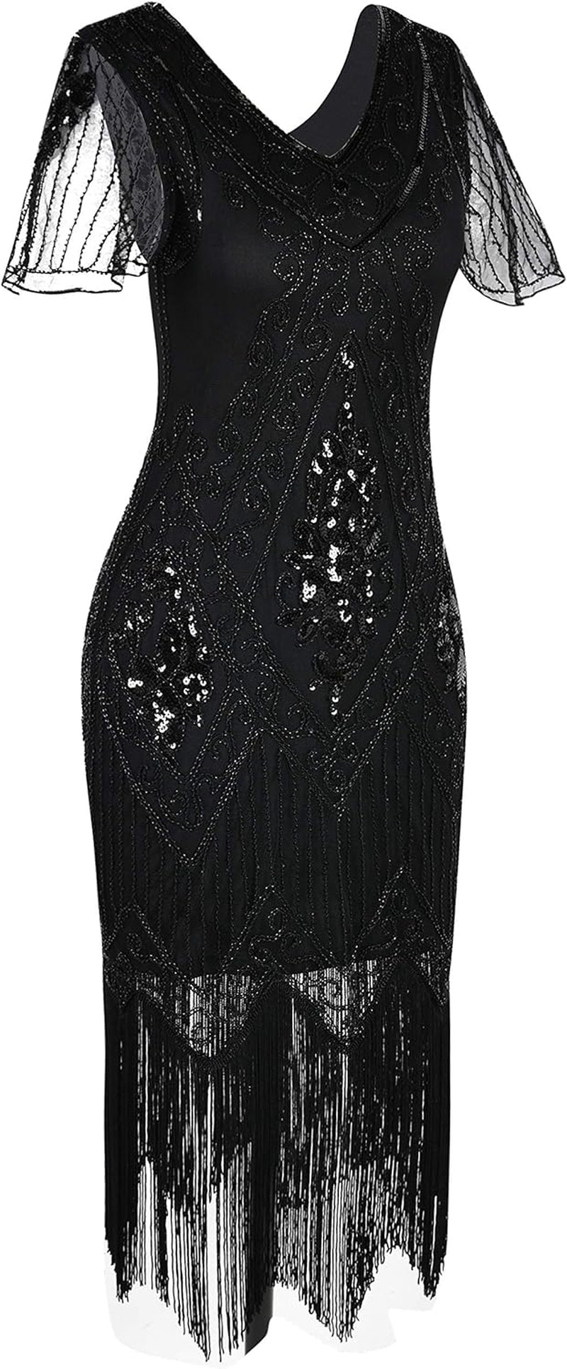 Women's Great Gatsby 1920s Flapper Dress with Sleeves, Elegant Art Deco Sequin Cocktail Dress for Vintage Parties, Weddings, Proms & Evening Wear