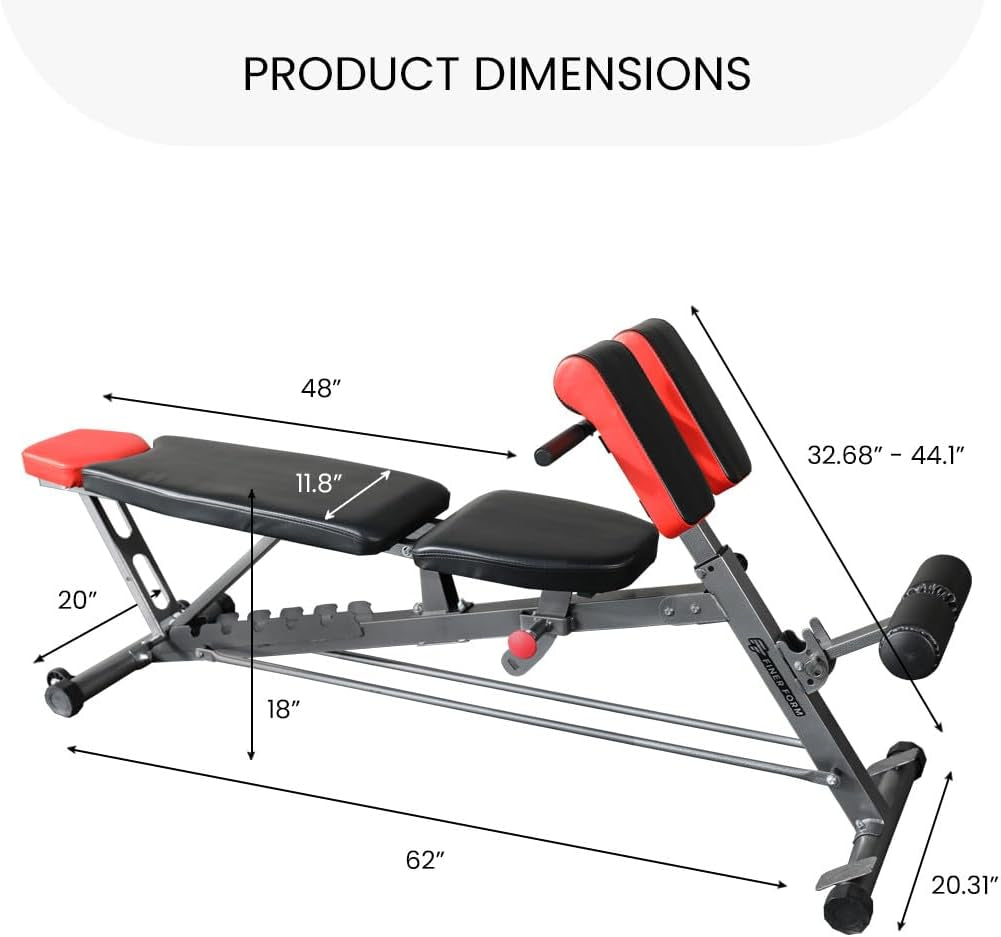 Finer Form Adjustable FID Weight Bench & Roman Chair, 1,000 lb Capacity, 23 Position Flat/Incline/Decline Workout Bench for Full Body Strength Training, Home Gym with Transport Wheels