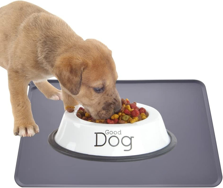 Silicone Dog & Cat Feeding Mat – Waterproof Non-Slip Pet Food Mat for Bowls, Protects Floors, 18.5" x 11.8", Grey