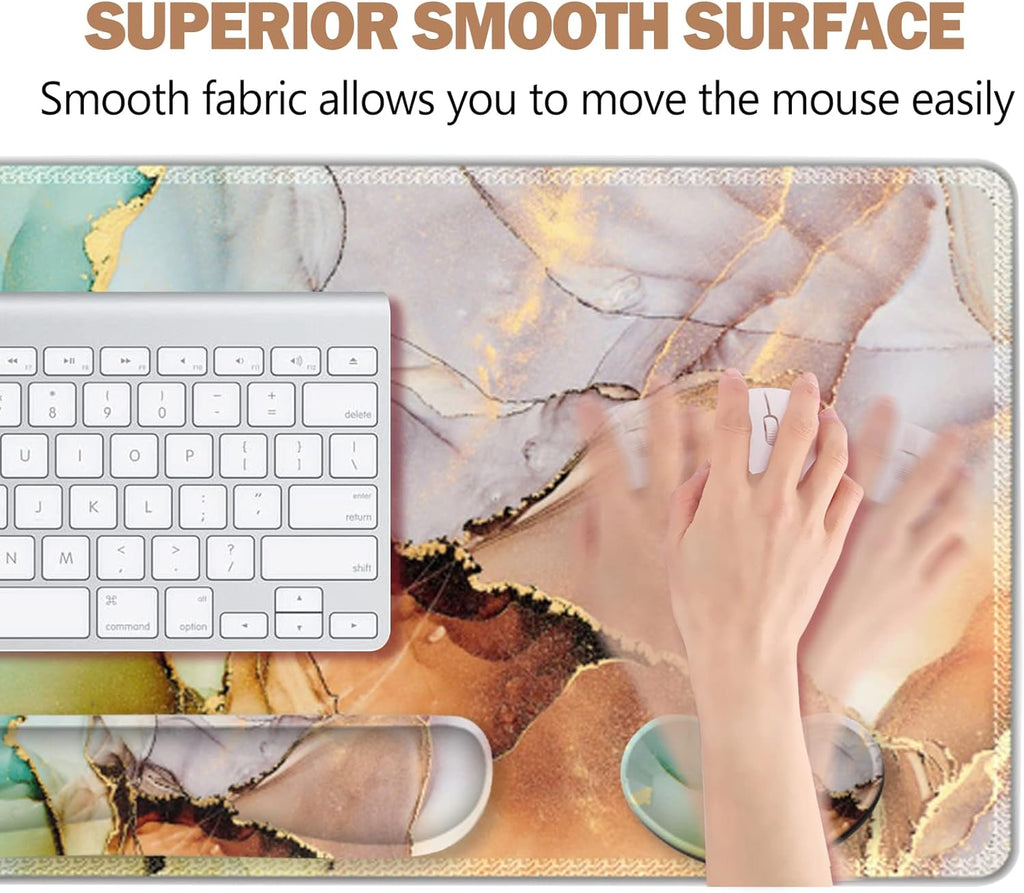 Large Gaming Mouse Pad, Keyboard Wrist Rest Pad & Wrist Support Mousepad Set, Stitched Edge, Extended, Non-Slip Base, Memory Foam Desk Mat for Office, Home, Abstract Art Marble