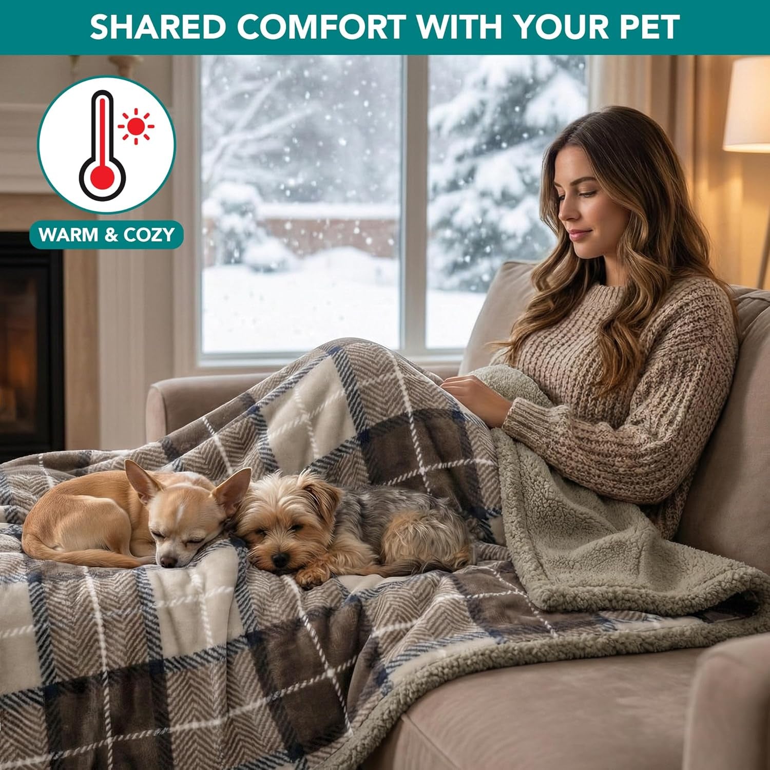Waterproof Dog Blanket for Large Dogs & Cats – Reversible Cozy Pet Blanket for Couch, Bed, Car & Furniture Protection, 60" x 80", Plaid Taupe