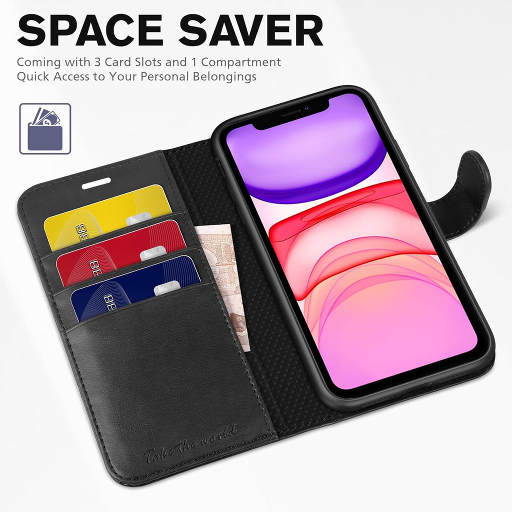 Wallet Case for Iphone 11 (6.1") 2019, 3 Card Holders, Black | RFID Blocking, Viewing Stand, Shockproof TPU Shell, PU Leather, Magnetic Closure, Protective Folio Flip Cover