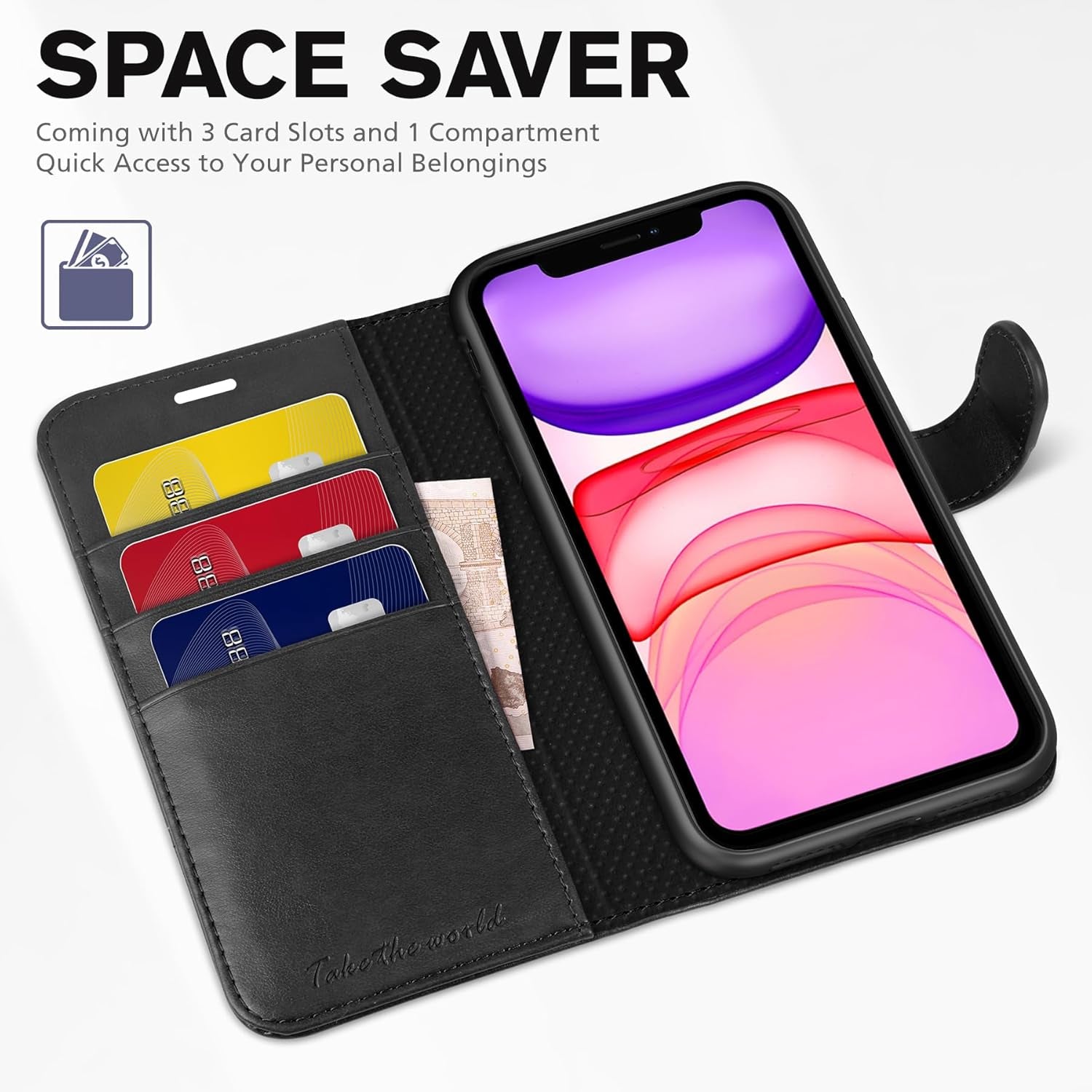 Wallet Case for Iphone 11 (6.1") 2019, 3 Card Holders, Black | RFID Blocking, Viewing Stand, Shockproof TPU Shell, PU Leather, Magnetic Closure, Protective Folio Flip Cover