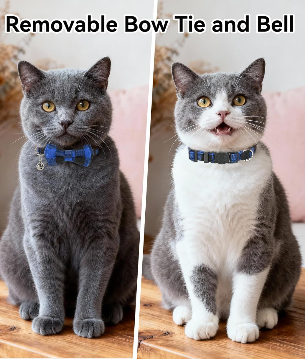Upgraded Breakaway Cat Collar with Bow Tie & Bell – Adjustable Safety Plaid Kitten Collar for Boy & Girl Cats, Blue