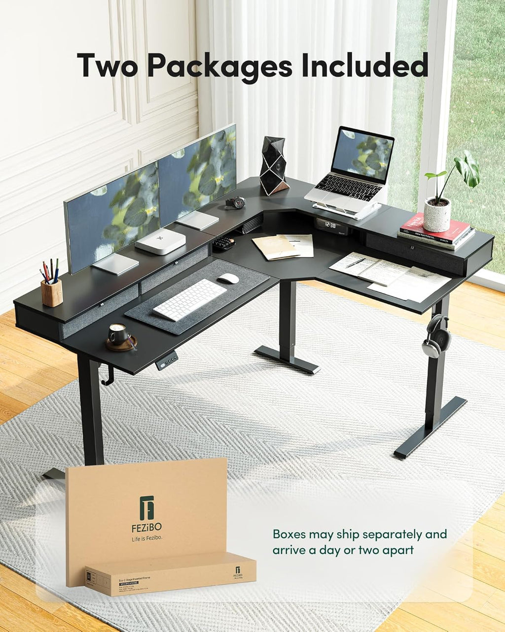 L Shaped Electric Standing Desk, 63 X48 Inch Large with Drawers | Reversible Tabletop, 2 Memory Height Settings | Home Office & Gaming Height-Adjustable Table, Black Top/Black Frame（2 Packages）