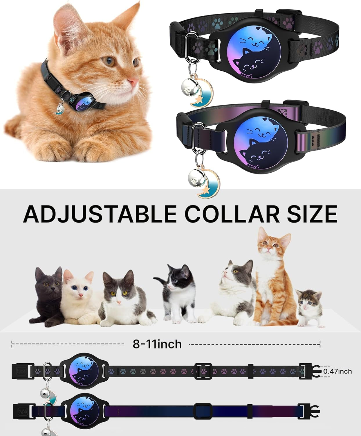 2-Pack Breakaway AirTag Cat Collar – Reflective Waterproof Collar with Built-In AirTag Holder & Bell, Adjustable 8–12", Lightweight & Comfortable