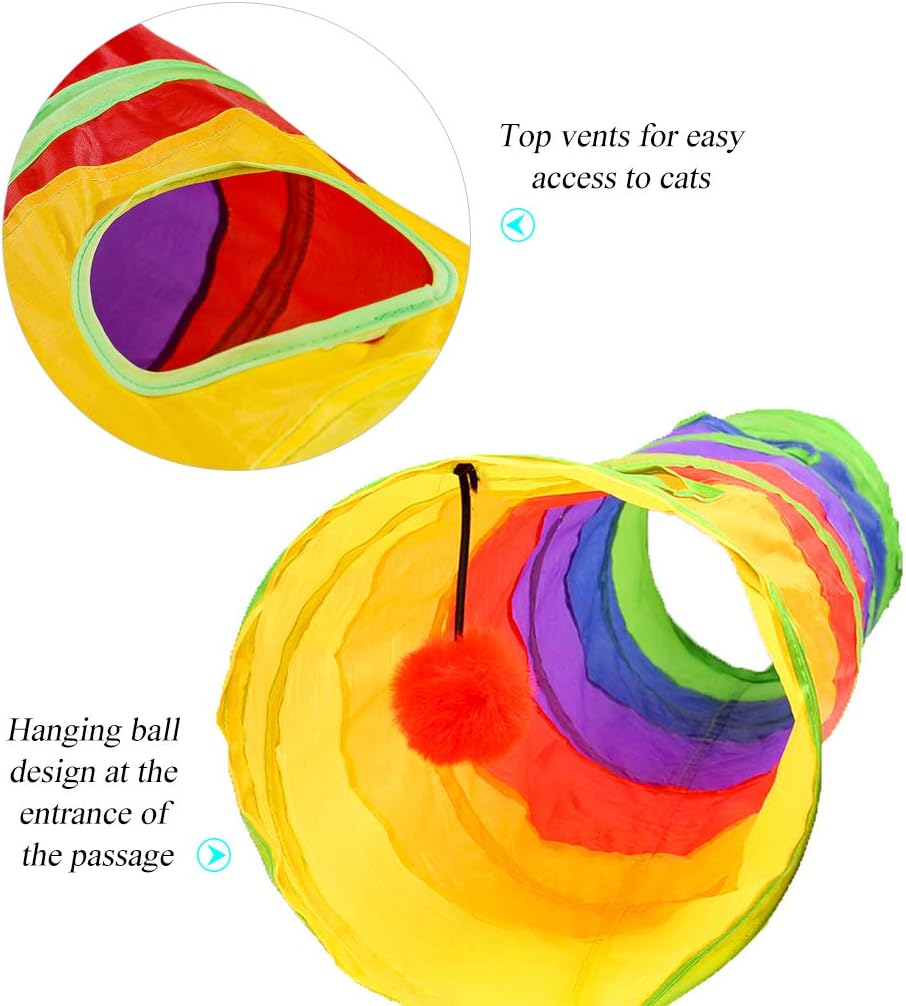 45" Rainbow Cat Tunnel for Indoor Cats – Collapsible Kitten Play Tube with Ball Toy, Peek Holes & Fun Exercise Hideaway