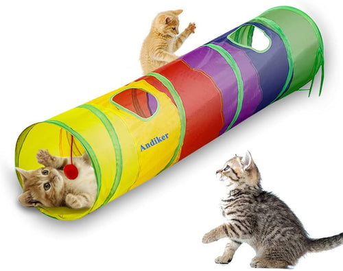 45" Rainbow Cat Tunnel for Indoor Cats – Collapsible Kitten Play Tube with Ball Toy, Peek Holes & Fun Exercise Hideaway