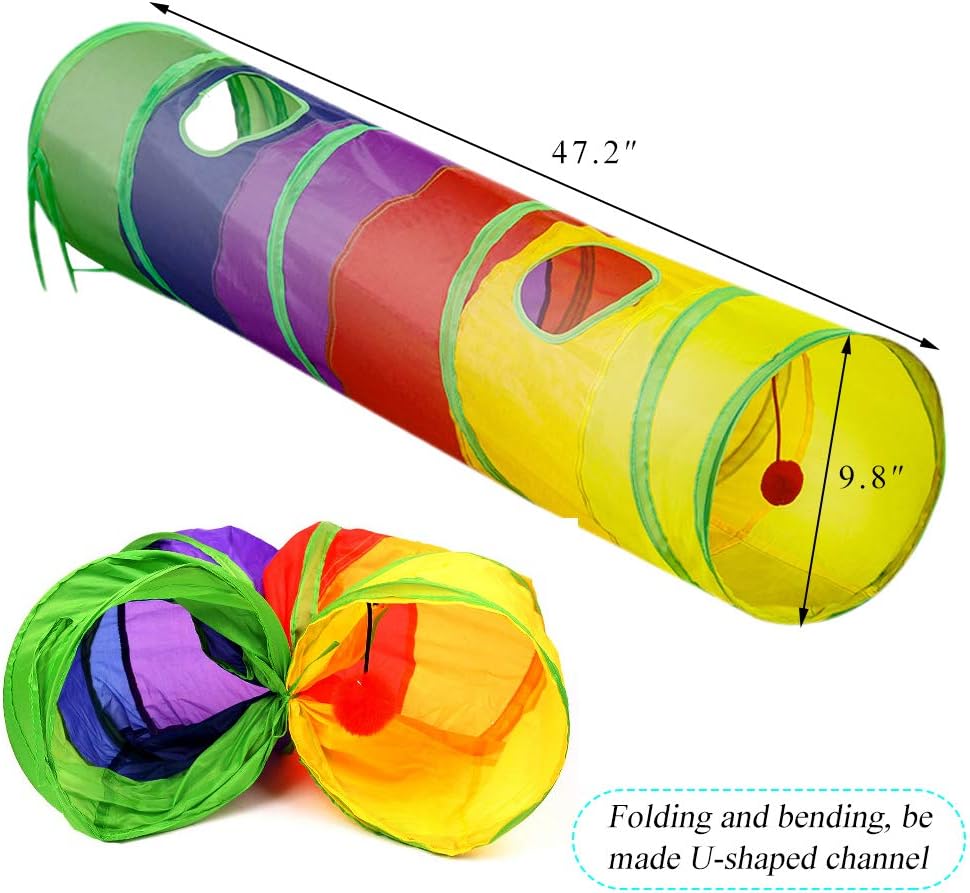 45" Rainbow Cat Tunnel for Indoor Cats – Collapsible Kitten Play Tube with Ball Toy, Peek Holes & Fun Exercise Hideaway