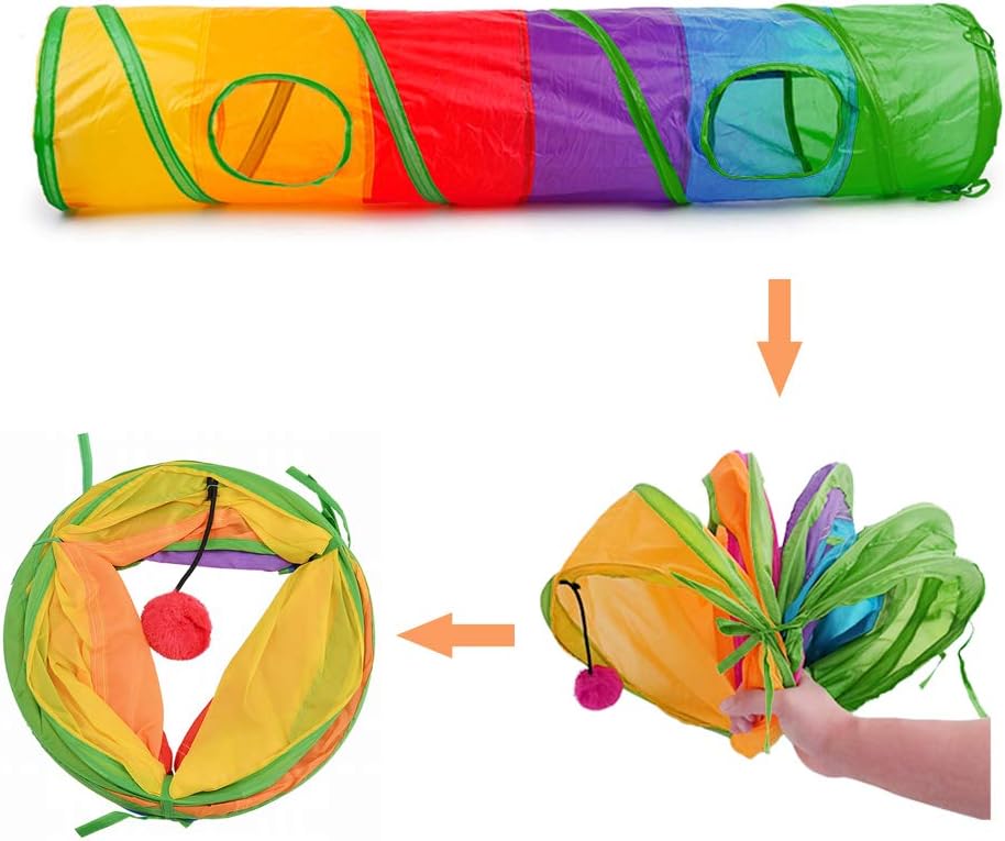 45" Rainbow Cat Tunnel for Indoor Cats – Collapsible Kitten Play Tube with Ball Toy, Peek Holes & Fun Exercise Hideaway
