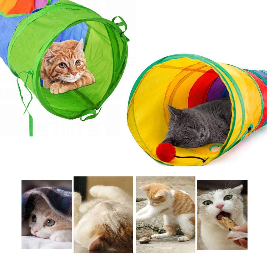 45" Rainbow Cat Tunnel for Indoor Cats – Collapsible Kitten Play Tube with Ball Toy, Peek Holes & Fun Exercise Hideaway