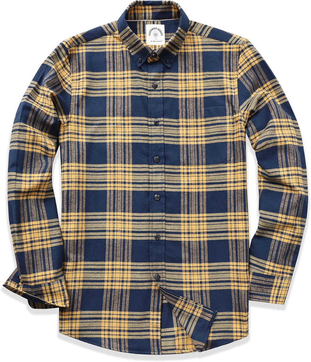 Men's 100% Cotton Flannel Shirt – Soft Plaid Button-Down Long Sleeve Casual Work Shirt with Chest Pocket
