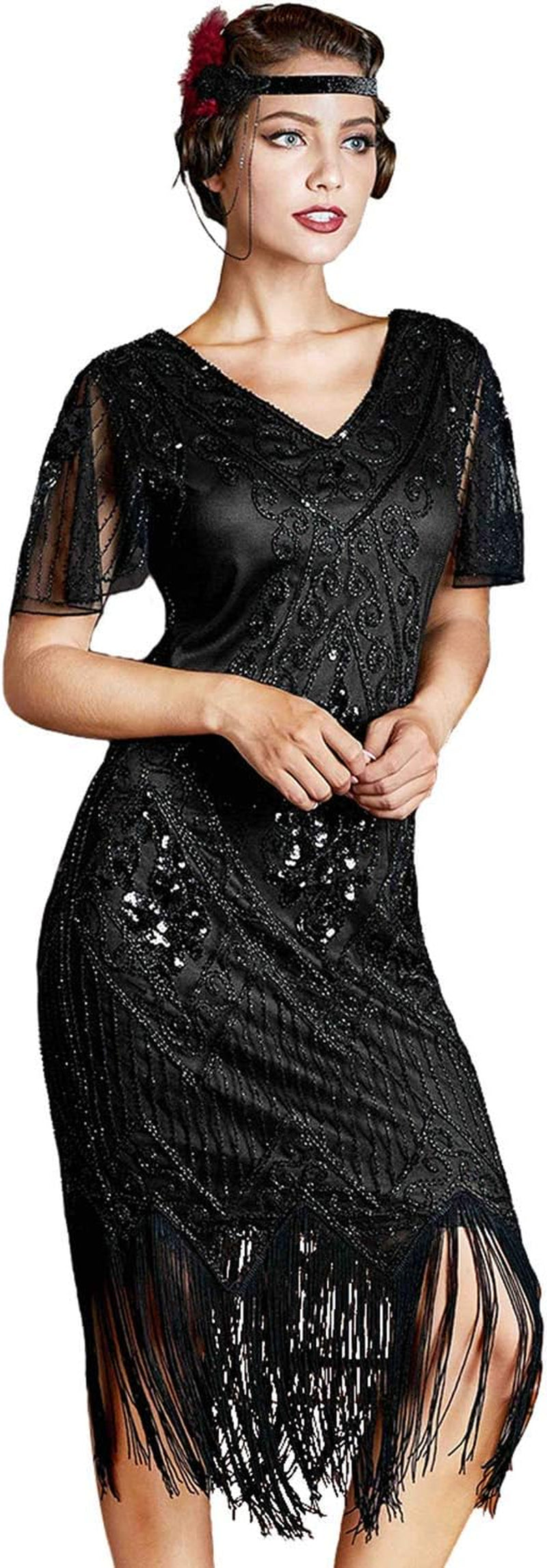 Women's Great Gatsby 1920s Flapper Dress with Sleeves, Elegant Art Deco Sequin Cocktail Dress for Vintage Parties, Weddings, Proms & Evening Wear