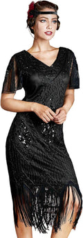 Women's Great Gatsby 1920s Flapper Dress with Sleeves, Elegant Art Deco Sequin Cocktail Dress for Vintage Parties, Weddings, Proms & Evening Wear