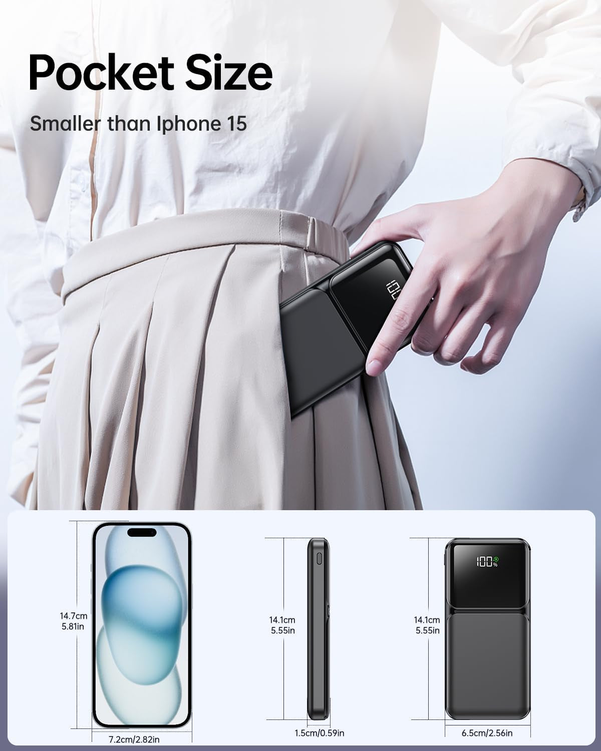 Power Bank 15000Mah USB C 22.5W Fast Charging Portable Charger | Built-In 4 Cables, QC 3.0 USB-C In/Out, LED Digital Display, Charge 5 Devices at Once, for Smartphones Tablets Outdoor Use