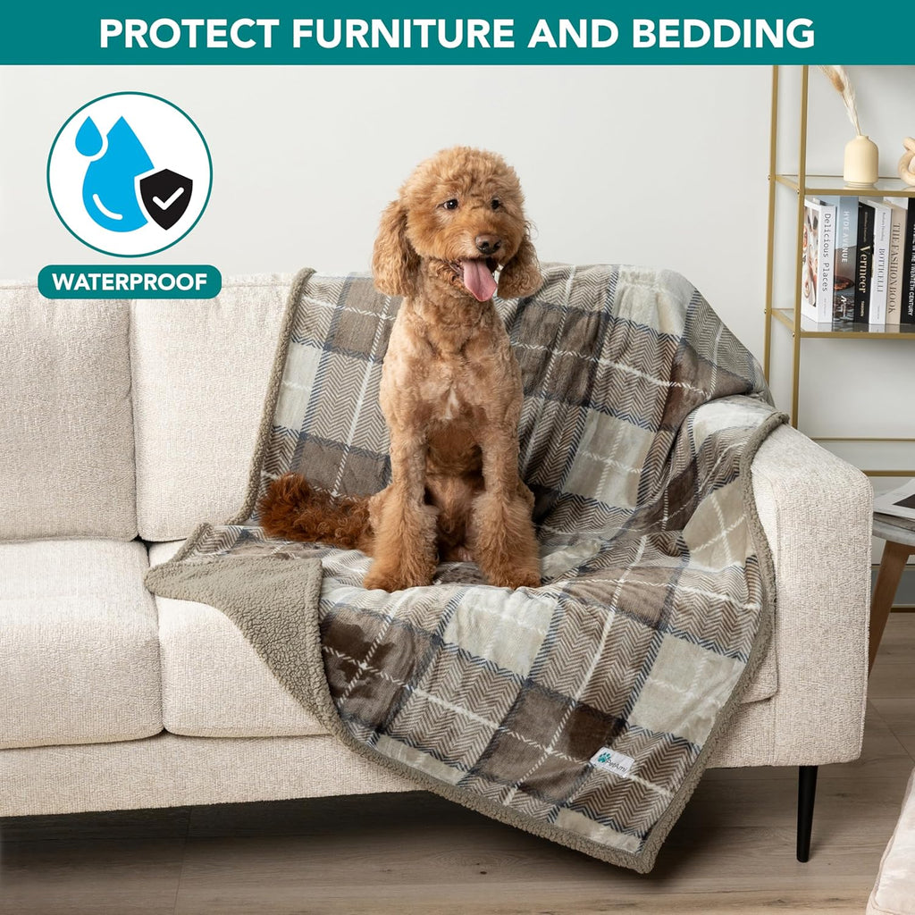 Waterproof Dog Blanket for Large Dogs & Cats – Reversible Cozy Pet Blanket for Couch, Bed, Car & Furniture Protection, 60" x 80", Plaid Taupe