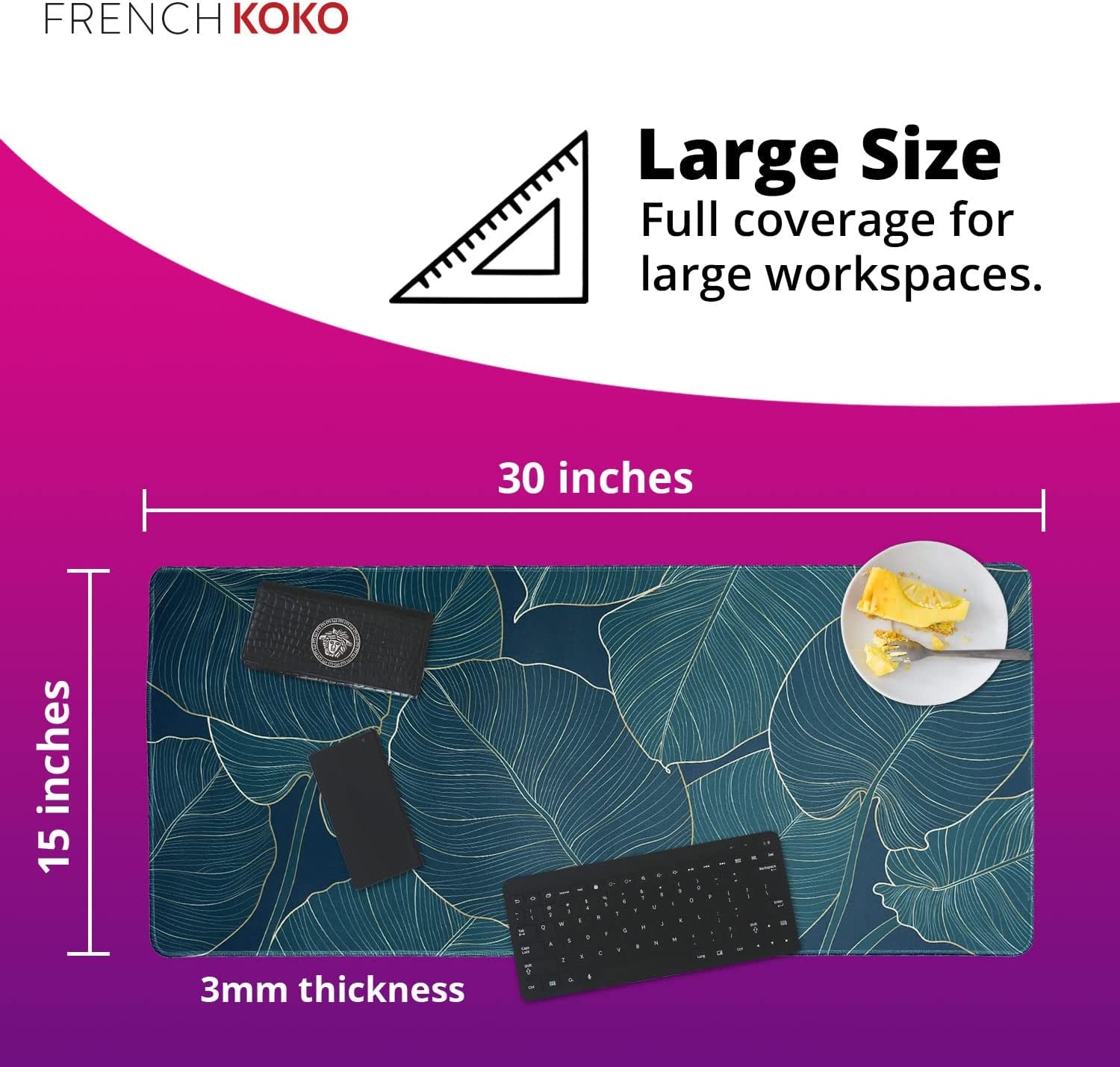 XL Large Mouse Pad with Green Leaves Design, Extended Desk Mat for Keyboard & Mouse, Non-Slip Computer Desk Pad for Home, Office, School & Gaming