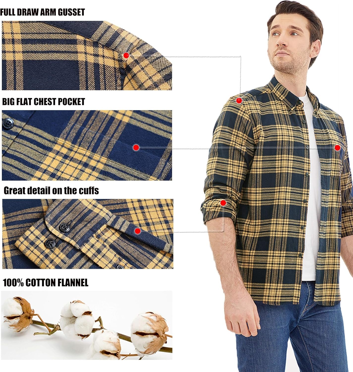 Men's 100% Cotton Flannel Shirt – Soft Plaid Button-Down Long Sleeve Casual Work Shirt with Chest Pocket