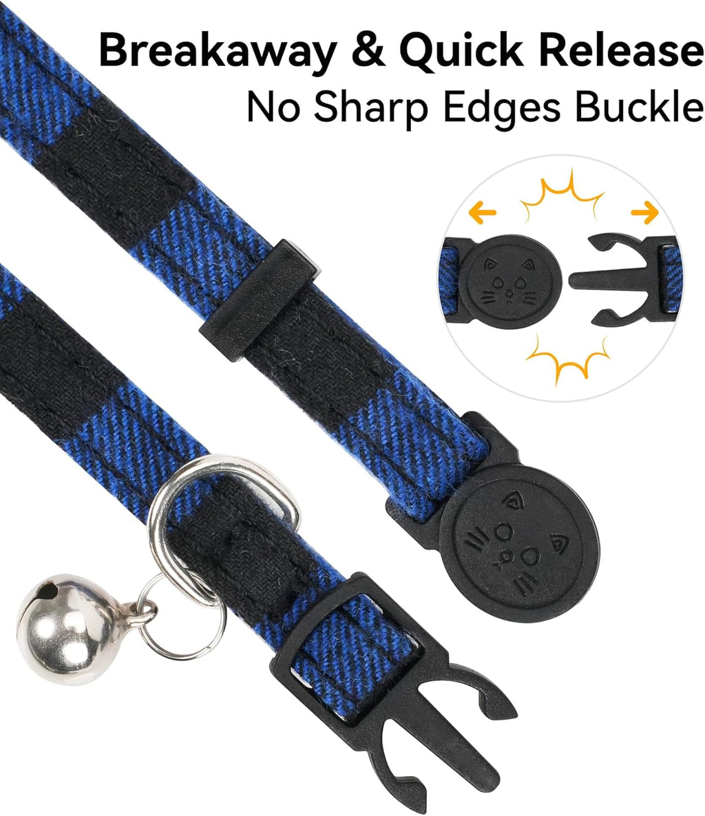 Upgraded Breakaway Cat Collar with Bow Tie & Bell – Adjustable Safety Plaid Kitten Collar for Boy & Girl Cats, Blue