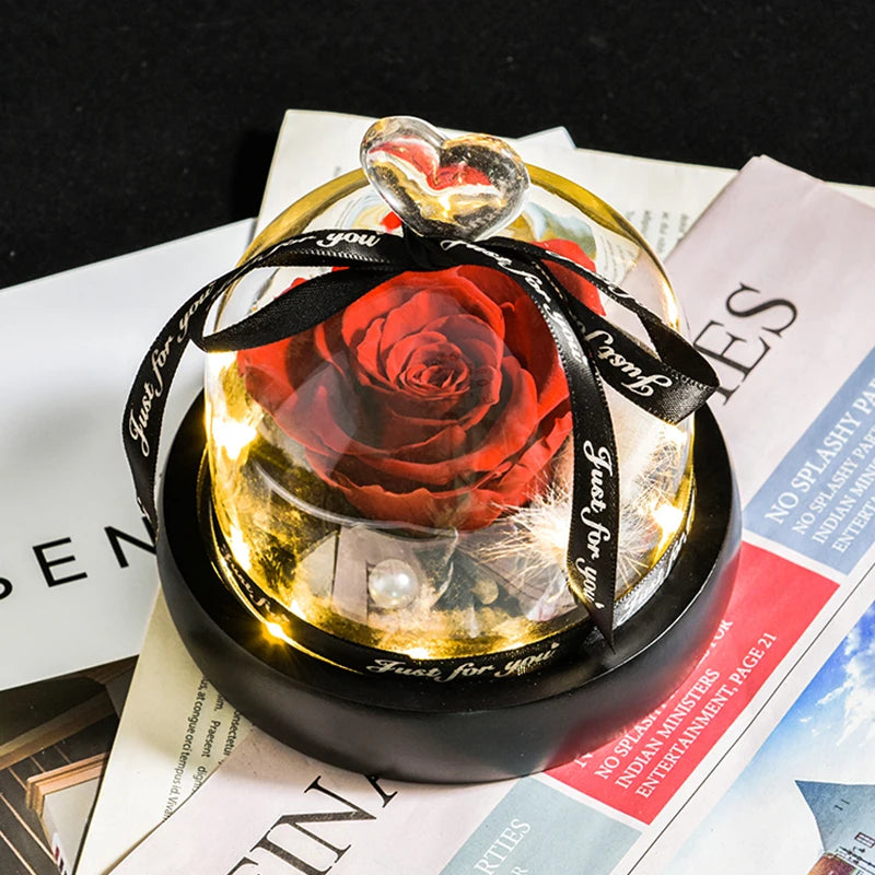 Eternal Rose in Heart-Shaped Glass Dome with LED Light, Preserved Forever Flower Gift for Mom, Wife, Girlfriend, Valentine's Day, Birthday, Anniversary & Wedding