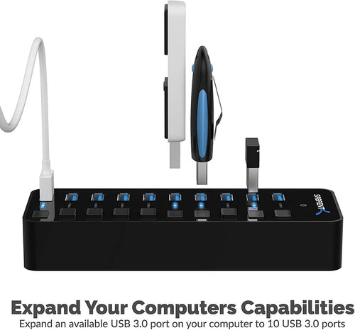 10-Port Powered USB 3.0 Hub with Individual On/Off Switches, 60W Power Adapter, LED Indicators, 5Gbps High-Speed Data Hub for PC, Mac, Laptop & Desktop