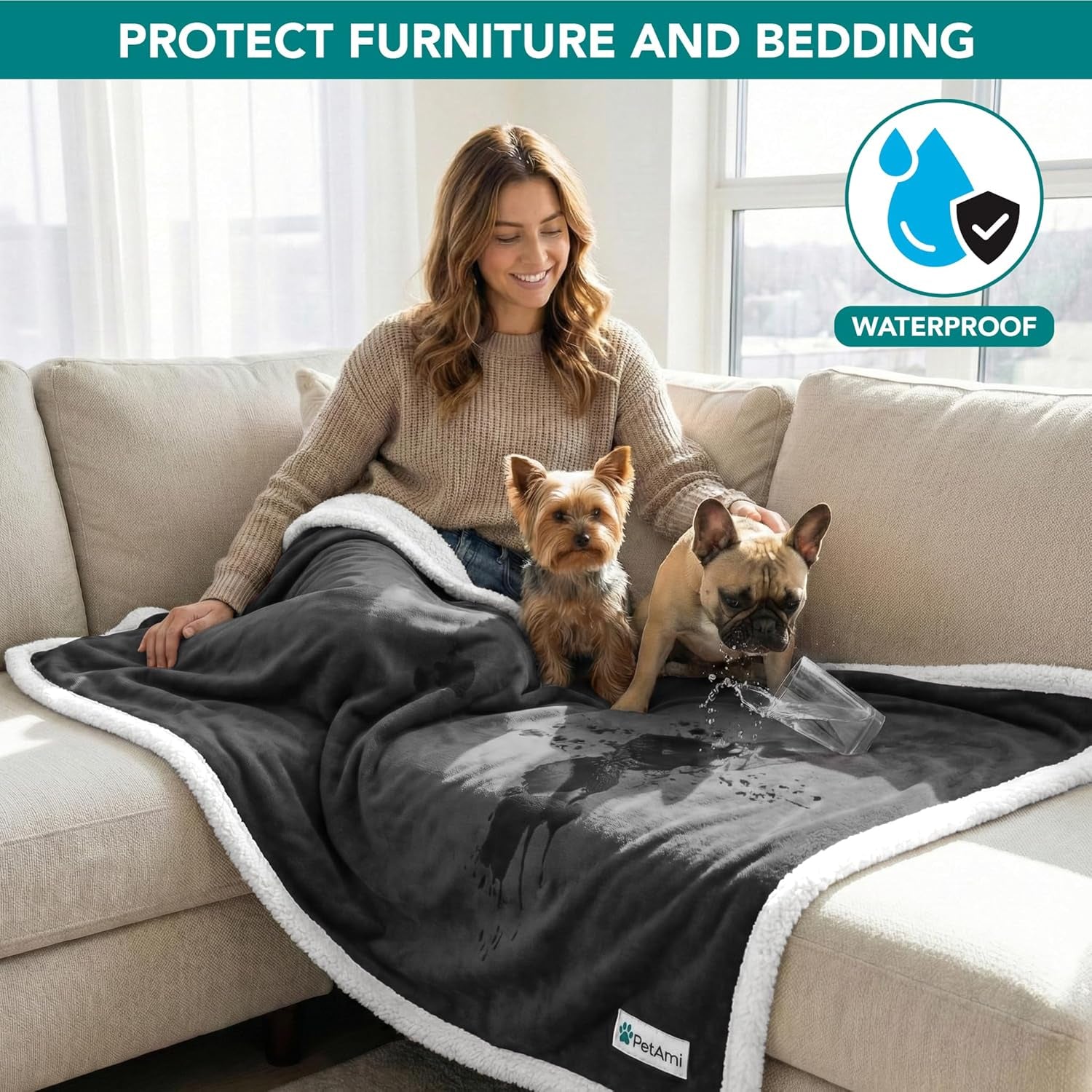 Waterproof Dog Blanket for Small Dogs & Cats – 29" x 40" Reversible Sherpa Fleece Pet Blanket, Pee-Proof Furniture Protector for Couch, Sofa & Kennel, Washable, Charcoal