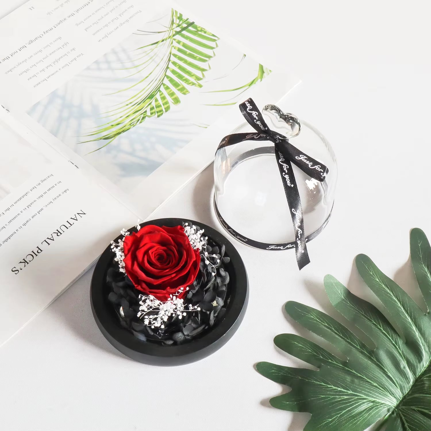 Eternal Rose in Heart-Shaped Glass Dome with LED Light, Preserved Forever Flower Gift for Mom, Wife, Girlfriend, Valentine's Day, Birthday, Anniversary & Wedding