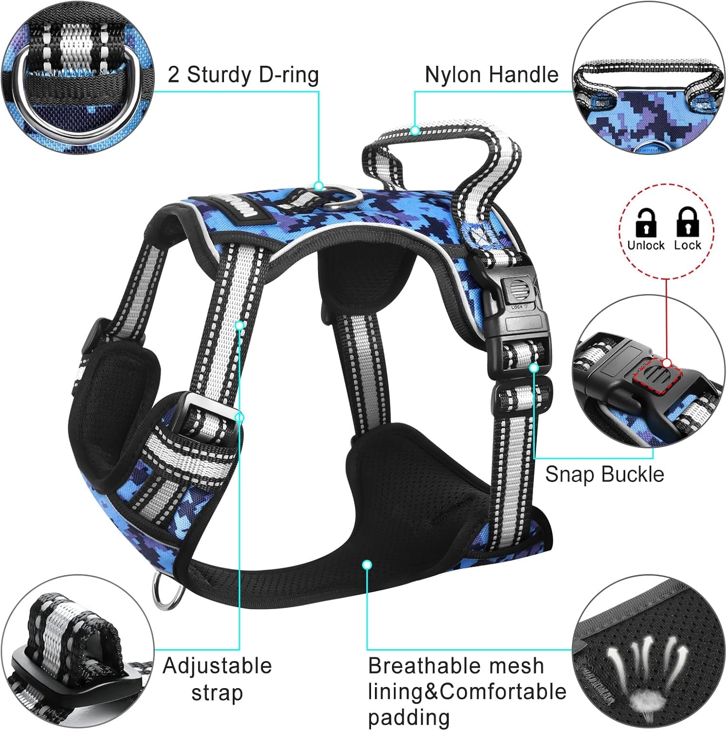 No Pull Dog Harness with Collar – Adjustable Reflective Oxford Vest with Front & Back Leash Clips, Control Handle for Small, Medium & Large Dogs