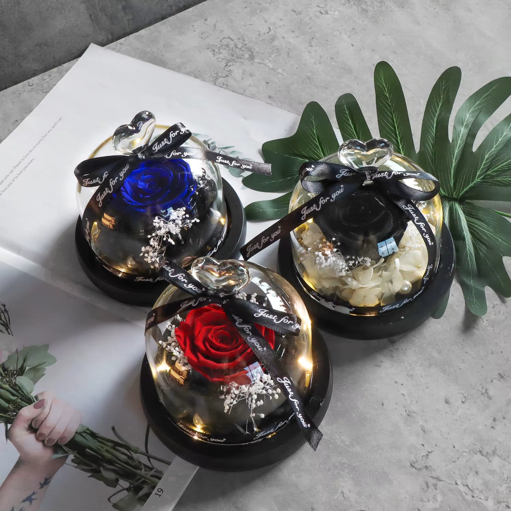 Eternal Rose in Heart-Shaped Glass Dome with LED Light, Preserved Forever Flower Gift for Mom, Wife, Girlfriend, Valentine's Day, Birthday, Anniversary & Wedding