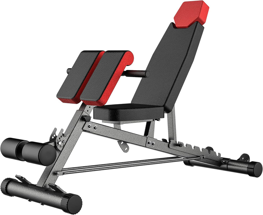 Finer Form Adjustable FID Weight Bench & Roman Chair, 1,000 lb Capacity, 23 Position Flat/Incline/Decline Workout Bench for Full Body Strength Training, Home Gym with Transport Wheels