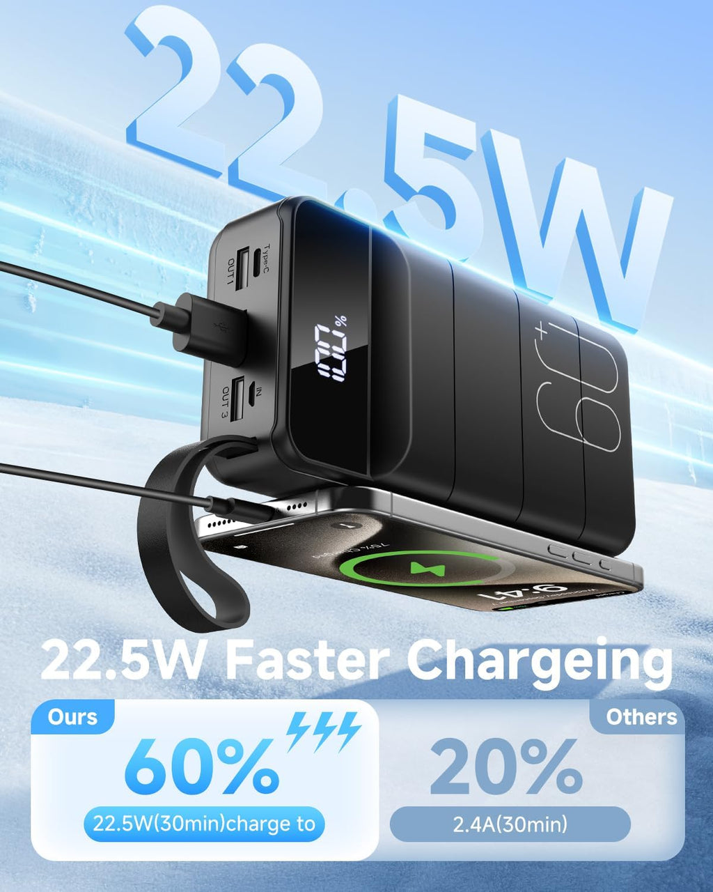 Power Bank 60000Mah, 22.5W USB-C Fast Charging Portable Charger | Built-In Flashlight, 4 Outputs 2 Inputs, LED Display, Travel Essentia, High Capacity, Compatible with Iphone & Android Black