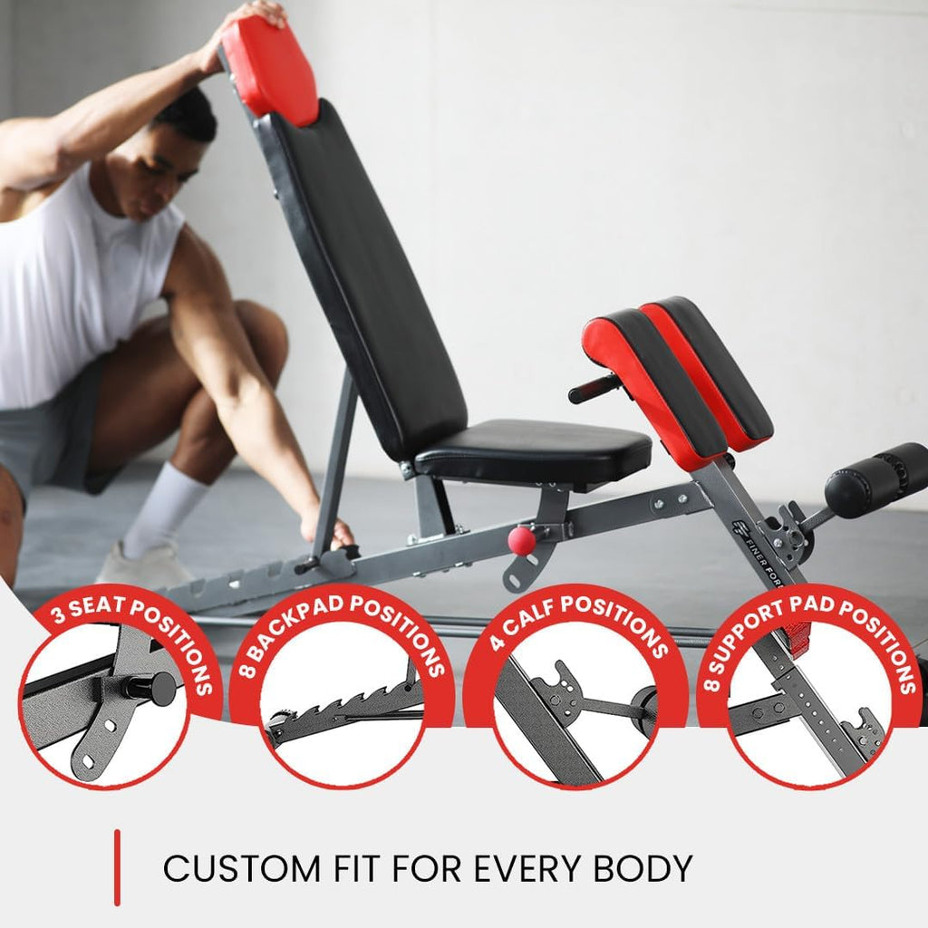 Finer Form Adjustable FID Weight Bench & Roman Chair, 1,000 lb Capacity, 23 Position Flat/Incline/Decline Workout Bench for Full Body Strength Training, Home Gym with Transport Wheels