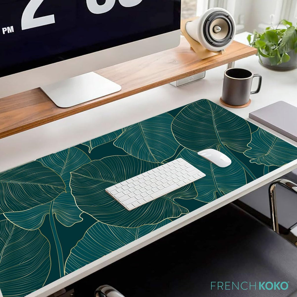 XL Large Mouse Pad with Green Leaves Design, Extended Desk Mat for Keyboard & Mouse, Non-Slip Computer Desk Pad for Home, Office, School & Gaming