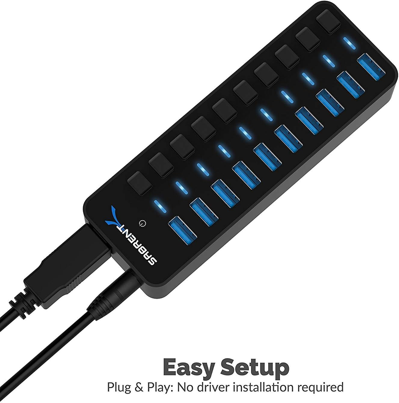 10-Port Powered USB 3.0 Hub with Individual On/Off Switches, 60W Power Adapter, LED Indicators, 5Gbps High-Speed Data Hub for PC, Mac, Laptop & Desktop