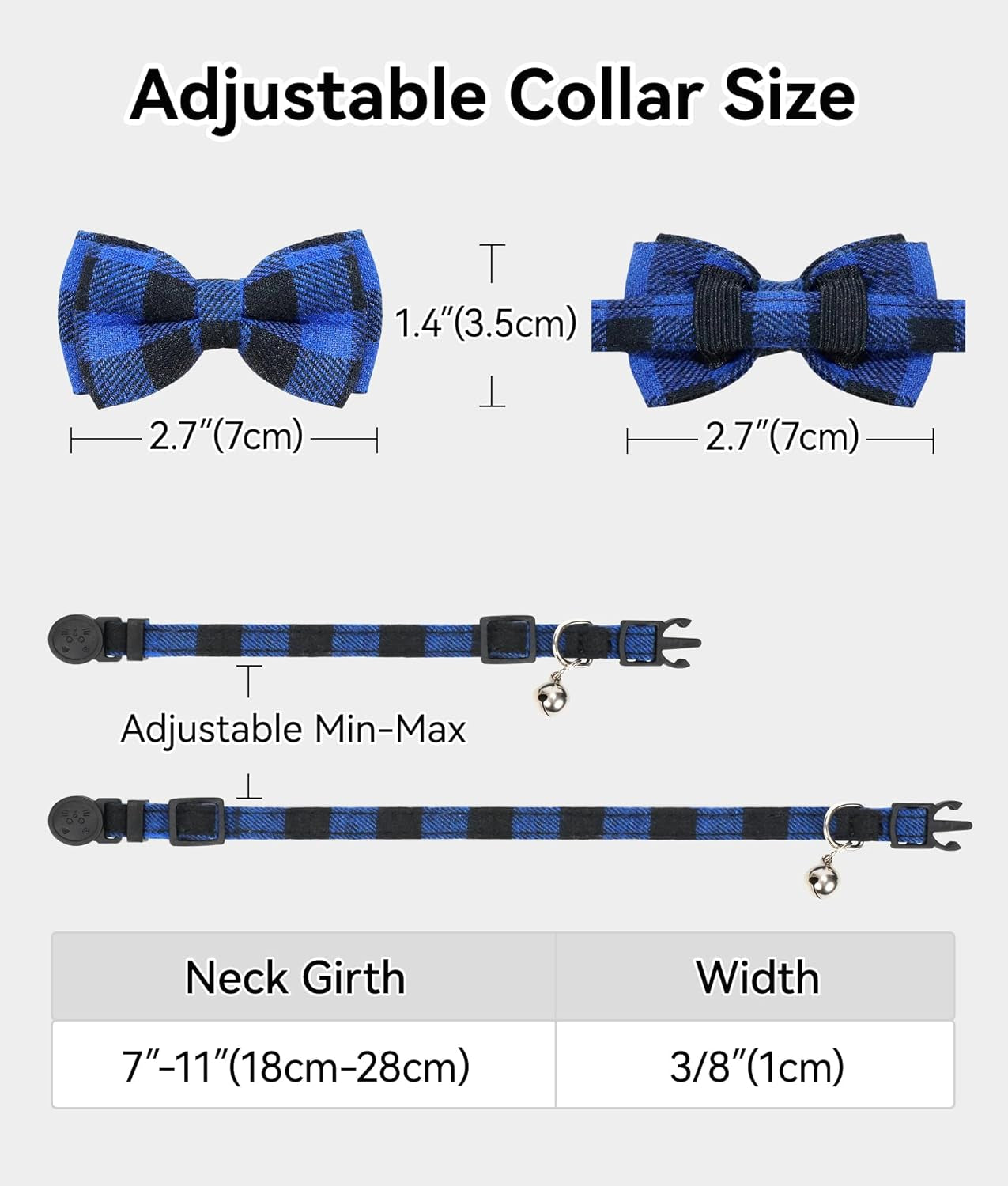 Upgraded Breakaway Cat Collar with Bow Tie & Bell – Adjustable Safety Plaid Kitten Collar for Boy & Girl Cats, Blue