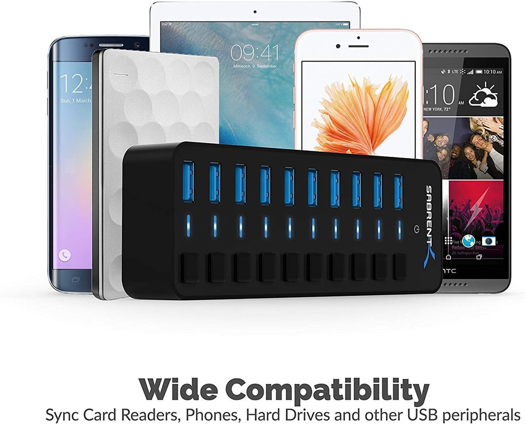 10-Port Powered USB 3.0 Hub with Individual On/Off Switches, 60W Power Adapter, LED Indicators, 5Gbps High-Speed Data Hub for PC, Mac, Laptop & Desktop