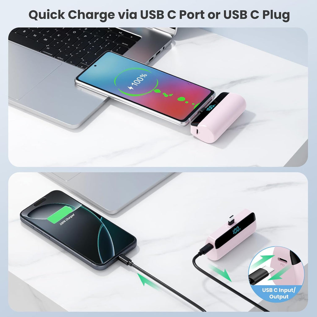Mini Power Bank 5200Mah for Iphone 15/16,[2025 Upgraded] PD USB C Fast Charging Portable Charger, Compact LCD Display Battery Pack Compatible with Iphone 16/16 Pro Max/15 Series,Galaxy,Android Etc