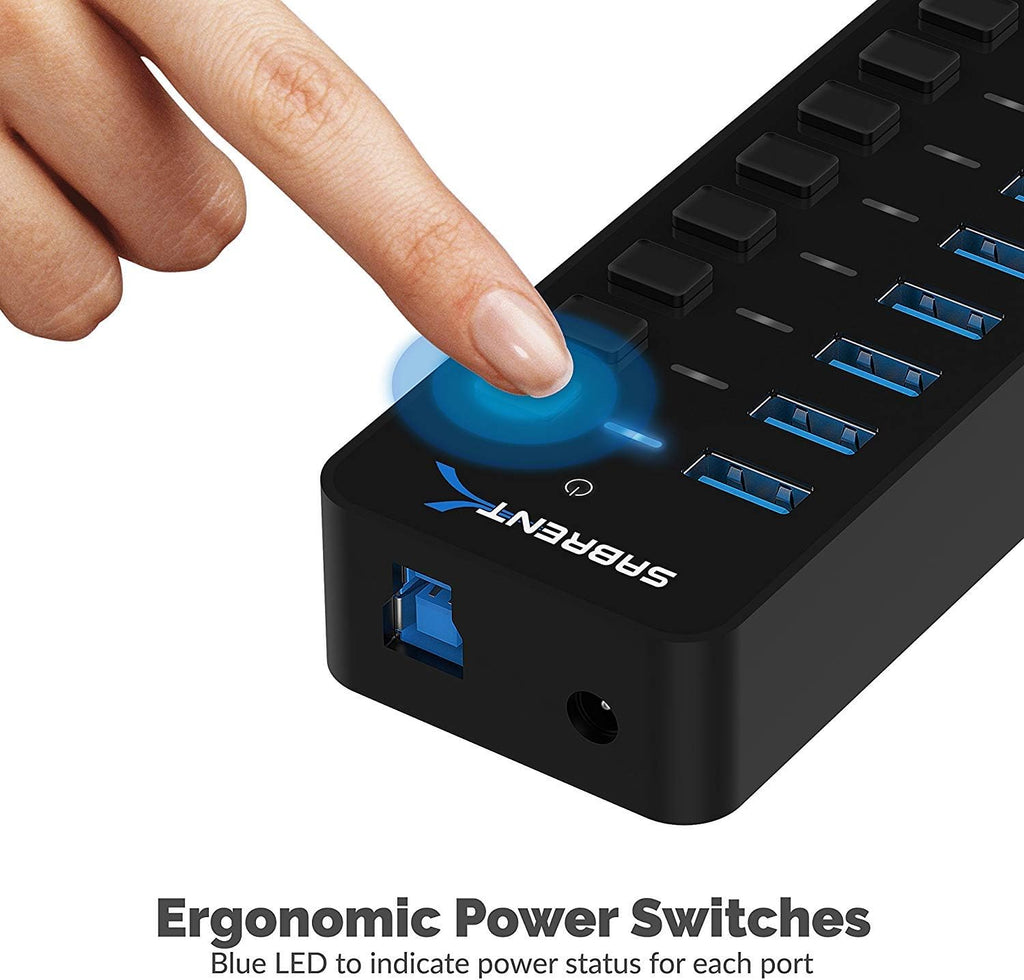 10-Port Powered USB 3.0 Hub with Individual On/Off Switches, 60W Power Adapter, LED Indicators, 5Gbps High-Speed Data Hub for PC, Mac, Laptop & Desktop