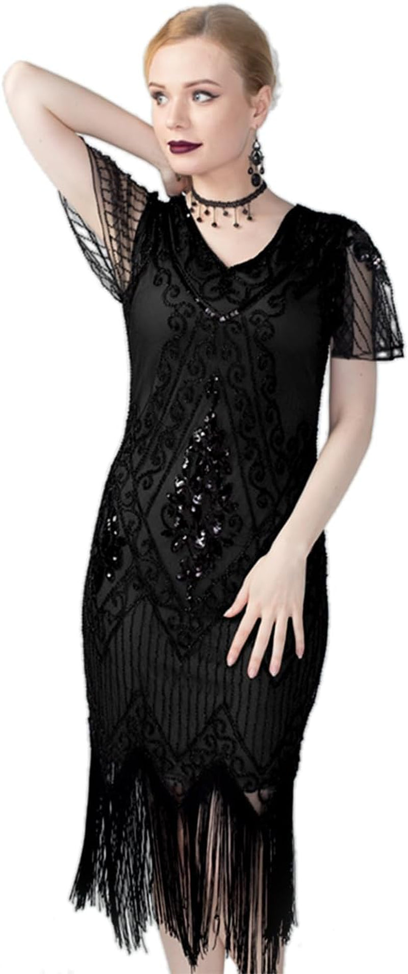 Women's Great Gatsby 1920s Flapper Dress with Sleeves, Elegant Art Deco Sequin Cocktail Dress for Vintage Parties, Weddings, Proms & Evening Wear