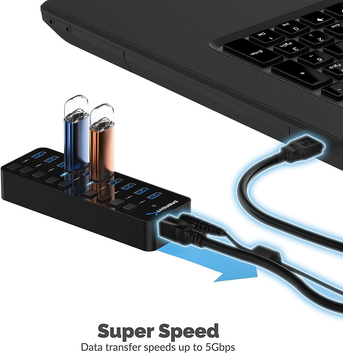 10-Port Powered USB 3.0 Hub with Individual On/Off Switches, 60W Power Adapter, LED Indicators, 5Gbps High-Speed Data Hub for PC, Mac, Laptop & Desktop