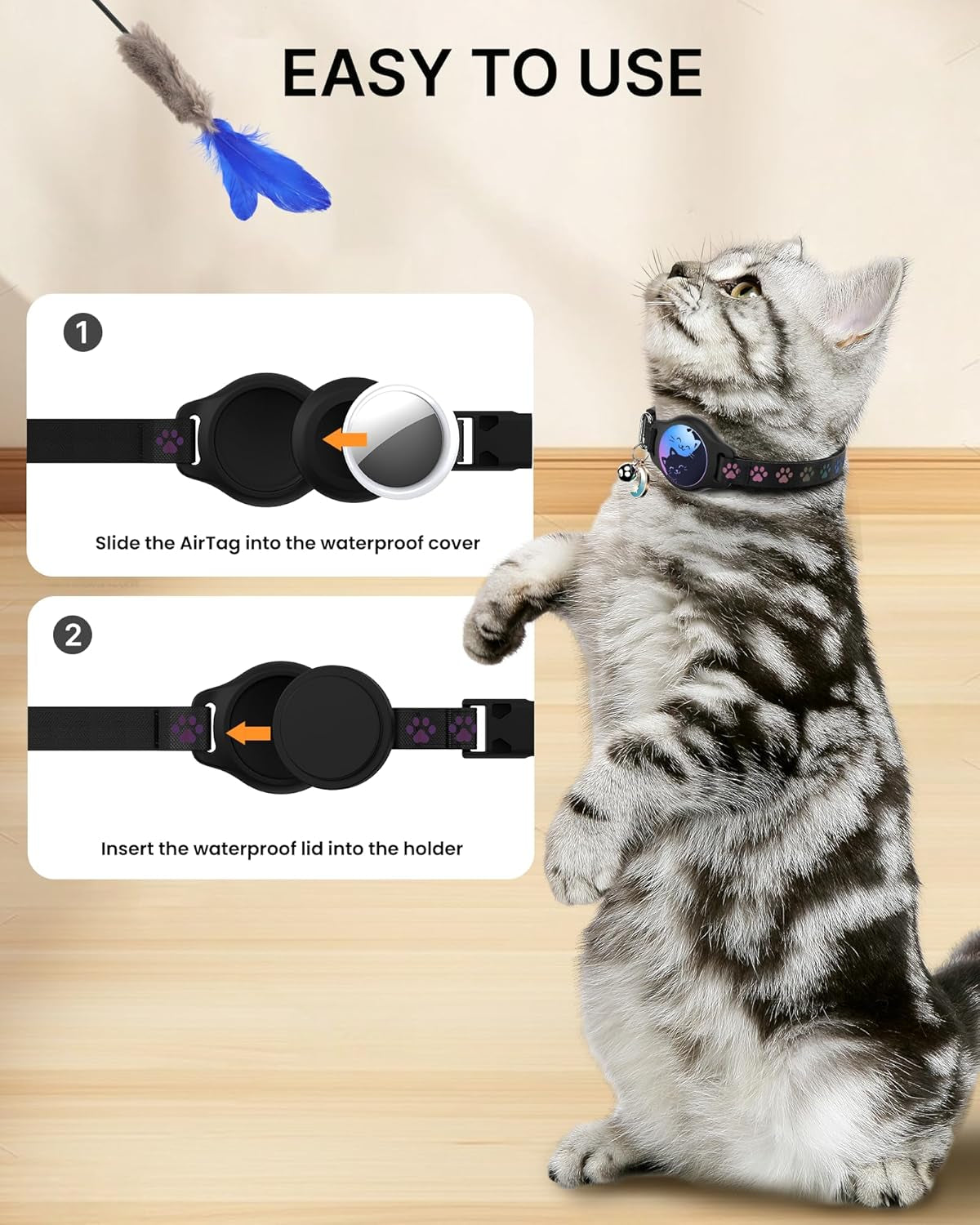 2-Pack Breakaway AirTag Cat Collar – Reflective Waterproof Collar with Built-In AirTag Holder & Bell, Adjustable 8–12", Lightweight & Comfortable