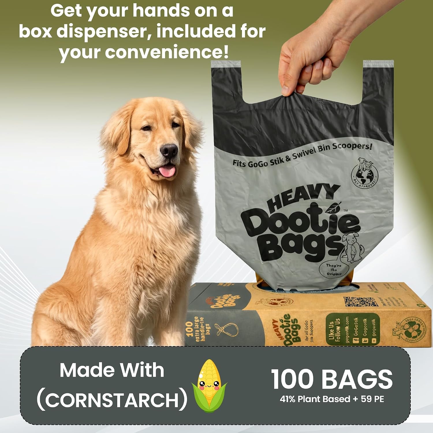 Heavy-Duty Dog Poop Bags with Easy-Tie Handles – Large Leakproof Pet Waste Bags Made with Cornstarch, Strong & Convenient for Dogs, Cats & Litter Cleanup