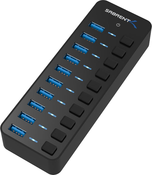 10-Port Powered USB 3.0 Hub with Individual On/Off Switches, 60W Power Adapter, LED Indicators, 5Gbps High-Speed Data Hub for PC, Mac, Laptop & Desktop